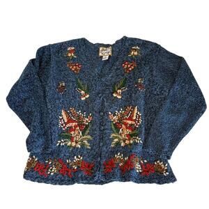 VTG Heirloom Collectibles Embroidered Cardigan Sweater Women's L | Blue | EUC